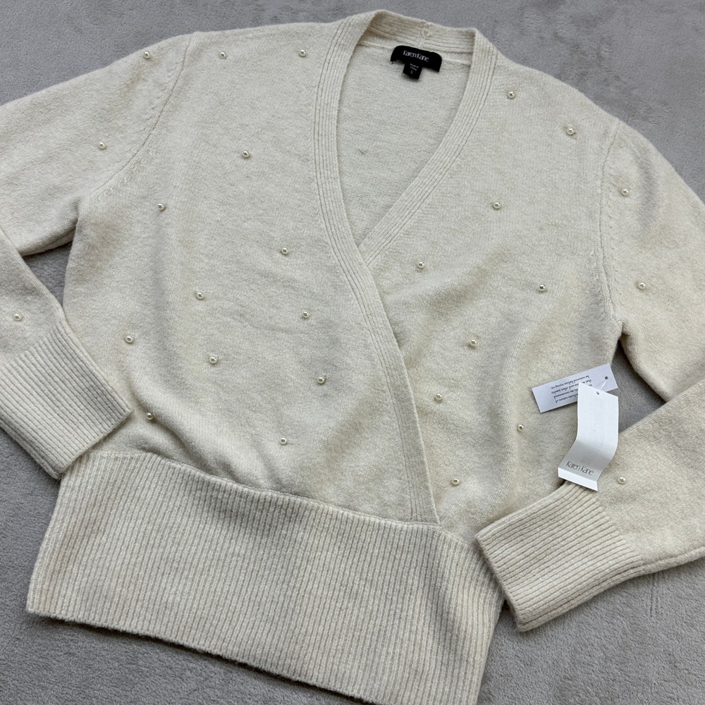 Karen Kane Wrap Sweater Mens Large Cream Pearl Embellished Uptown Girl Coquette